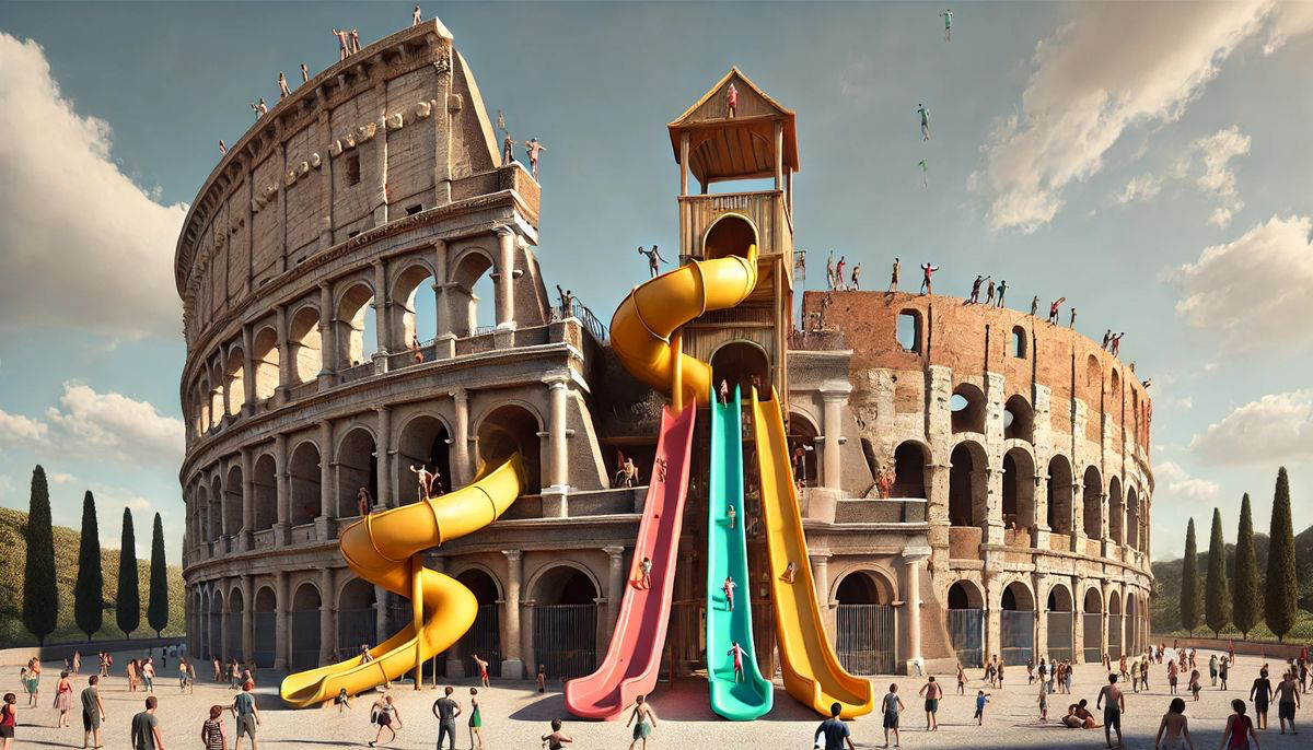 Surreal colosseum with colorful playground slides